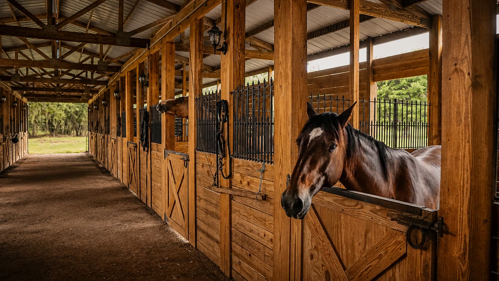 A horse looking out from its wooden stall at Pampa