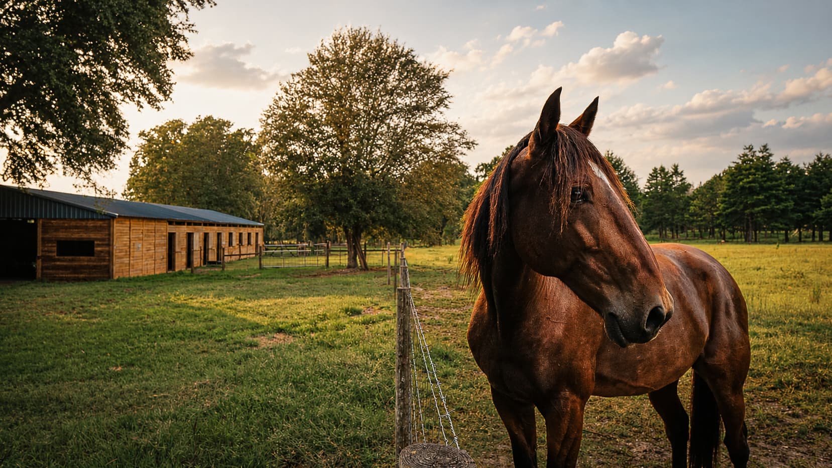 A bay horse beside the ranch barn under spreading oaks